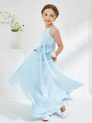 Bateau Neckline Junior Bridesmaid Dresses with Sash Sky Blue