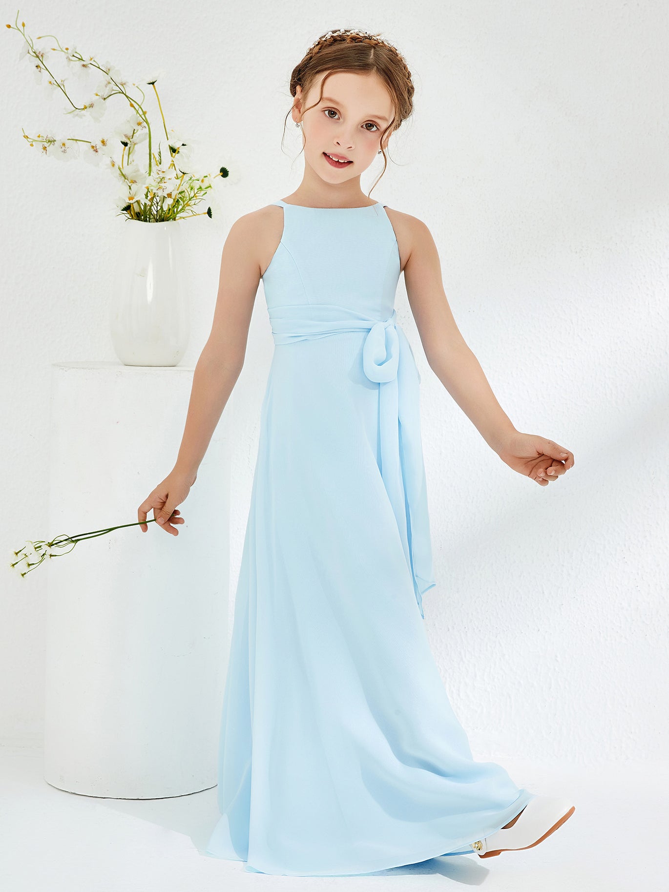 ready to ship junior bridesmaid dresses BABARONI Bateau Neckline Junior Bridesmaid Dresses with Sash Sky Blue, Sky Blue / J4