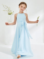 Bateau Neckline Junior Bridesmaid Dresses with Sash Sky Blue