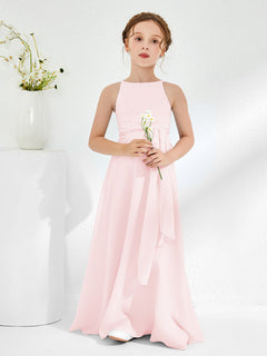 Bateau Neckline Junior Bridesmaid Dresses with Sash Blushing Pink