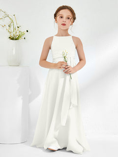 Bateau Neckline Junior Bridesmaid Dresses with Sash Ivory