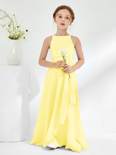 Bateau Neckline Junior Bridesmaid Dresses with Sash Lemon