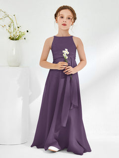 Bateau Neckline Junior Bridesmaid Dresses with Sash Plum