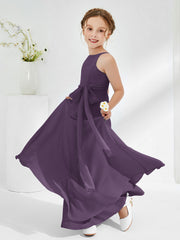 Bateau Neckline Junior Bridesmaid Dresses with Sash Plum