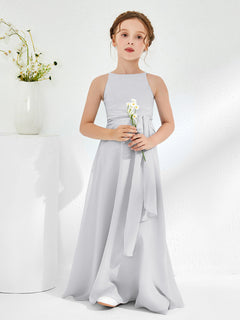 Bateau Neckline Junior Bridesmaid Dresses with Sash Silver