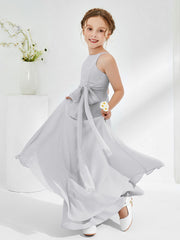 Bateau Neckline Junior Bridesmaid Dresses with Sash Silver
