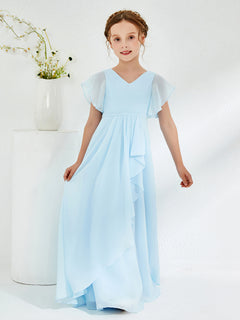 V-neck Junior Bridesmaid Dresses with Flutter Sleeves Sky Blue