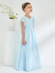 V-neck Junior Bridesmaid Dresses with Flutter Sleeves Sky Blue