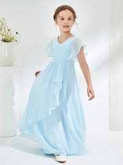 V-neck Junior Bridesmaid Dresses with Flutter Sleeves Sky Blue