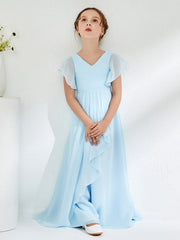 V-neck Junior Bridesmaid Dresses with Flutter Sleeves Sky Blue