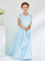 V-neck Junior Bridesmaid Dresses with Flutter Sleeves Sky Blue