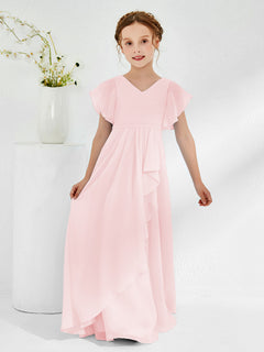 V-neck Junior Bridesmaid Dresses with Flutter Sleeves Blushing Pink