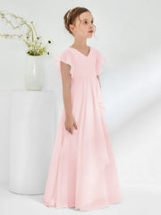 V-neck Junior Bridesmaid Dresses with Flutter Sleeves Blushing Pink