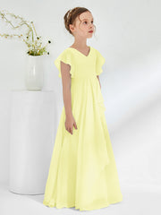V-neck Junior Bridesmaid Dresses with Flutter Sleeves Daffodil