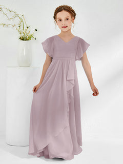 V-neck Junior Bridesmaid Dresses with Flutter Sleeves Dusk