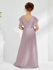 V-neck Junior Bridesmaid Dresses with Flutter Sleeves Dusk