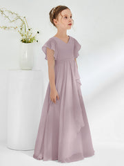 V-neck Junior Bridesmaid Dresses with Flutter Sleeves Dusk