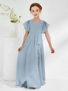 V-neck Junior Bridesmaid Dresses with Flutter Sleeves Dusty Blue