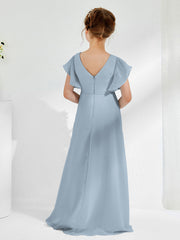 V-neck Junior Bridesmaid Dresses with Flutter Sleeves Dusty Blue