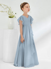V-neck Junior Bridesmaid Dresses with Flutter Sleeves Dusty Blue