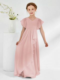 V-neck Junior Bridesmaid Dresses with Flutter Sleeves Dusty Rose