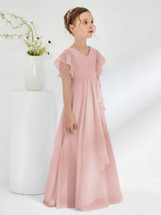 V-neck Junior Bridesmaid Dresses with Flutter Sleeves Dusty Rose