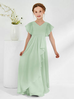 V-neck Junior Bridesmaid Dresses with Flutter Sleeves Dusty Sage