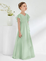 V-neck Junior Bridesmaid Dresses with Flutter Sleeves Dusty Sage