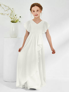 V-neck Junior Bridesmaid Dresses with Flutter Sleeves Ivory