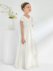 V-neck Junior Bridesmaid Dresses with Flutter Sleeves Ivory