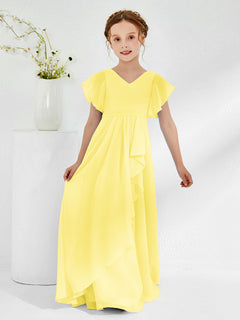 V-neck Junior Bridesmaid Dresses with Flutter Sleeves Lemon