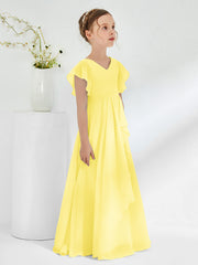 V-neck Junior Bridesmaid Dresses with Flutter Sleeves Lemon
