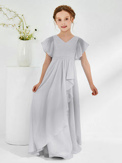 V-neck Junior Bridesmaid Dresses with Flutter Sleeves Silver