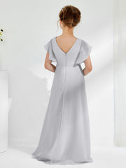 V-neck Junior Bridesmaid Dresses with Flutter Sleeves Silver