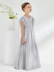 V-neck Junior Bridesmaid Dresses with Flutter Sleeves Silver