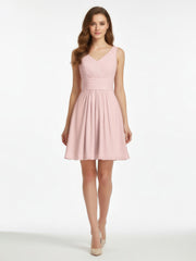 V Neck Chiffon Short Bridesmaid Dresses-Dusty Rose