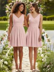 V Neck Chiffon Short Bridesmaid Dresses-Dusty Rose