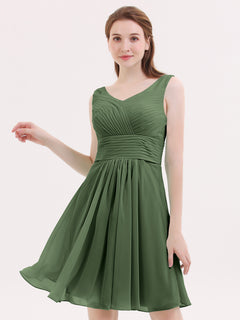 V Neck Chiffon Short Bridesmaid Dresses-Olive Green