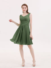 V Neck Chiffon Short Bridesmaid Dresses-Olive Green