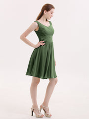 V Neck Chiffon Short Bridesmaid Dresses-Olive Green