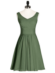 V Neck Chiffon Short Bridesmaid Dresses-Olive Green