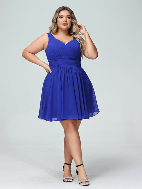 V-neck Short Chiffon Bridesmaid Gowns Royal Blue Plus Size