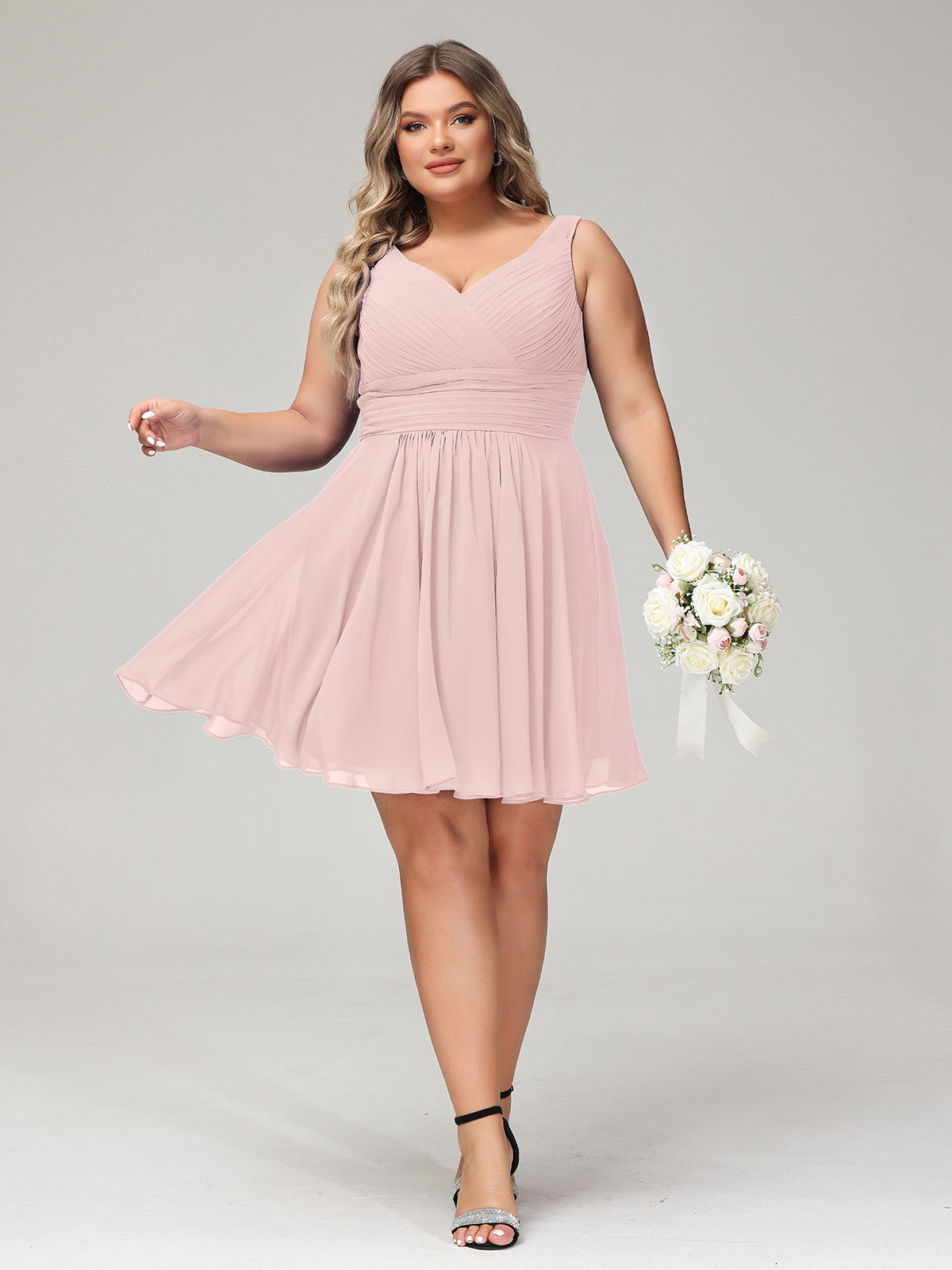 BABARONI V Neck Chiffon Short Dress for Bridesmaids Dusty Rose Plus Size, Dusty Rose / US18