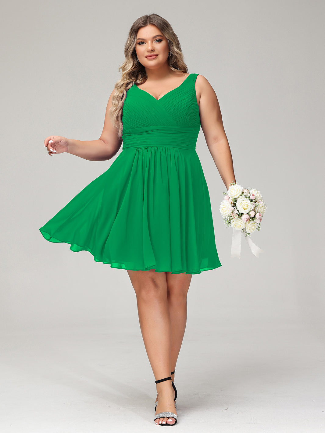 BABARONI V Neck Chiffon Short Dress for Bridesmaids Emerald Plus Size, Emerald / US18