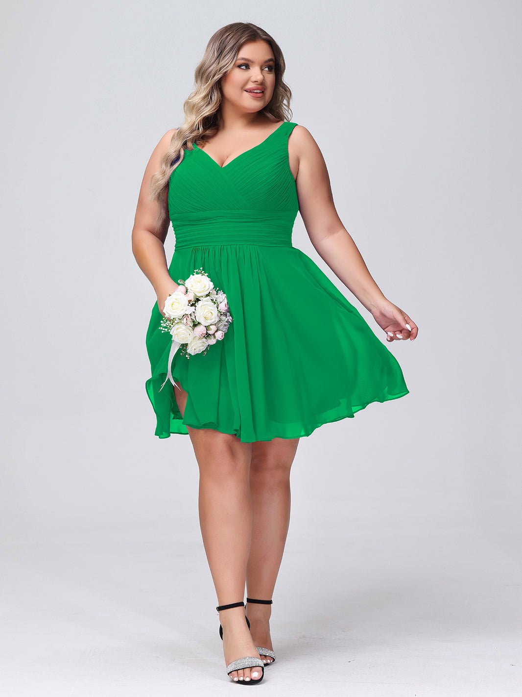 BABARONI V Neck Chiffon Short Dress for Bridesmaids Emerald Plus Size, Emerald / US18