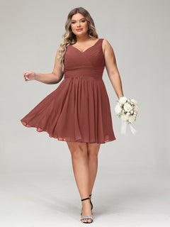 V Neck Chiffon Short Bridesmaid Dresses-Terracotta Plus Size