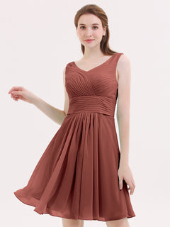 V Neck Chiffon Short Bridesmaid Dresses-Terracotta