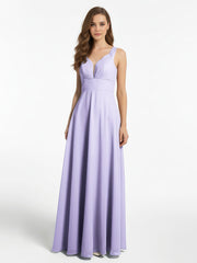 Notch Neck Chiffon Simple Full Length Dress-Lilac