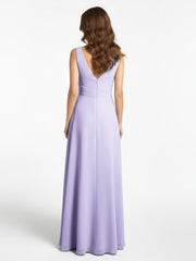 Notch Neck Chiffon Simple Full Length Dress-Lilac