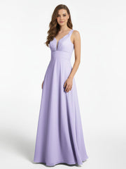Notch Neck Chiffon Simple Full Length Dress-Lilac